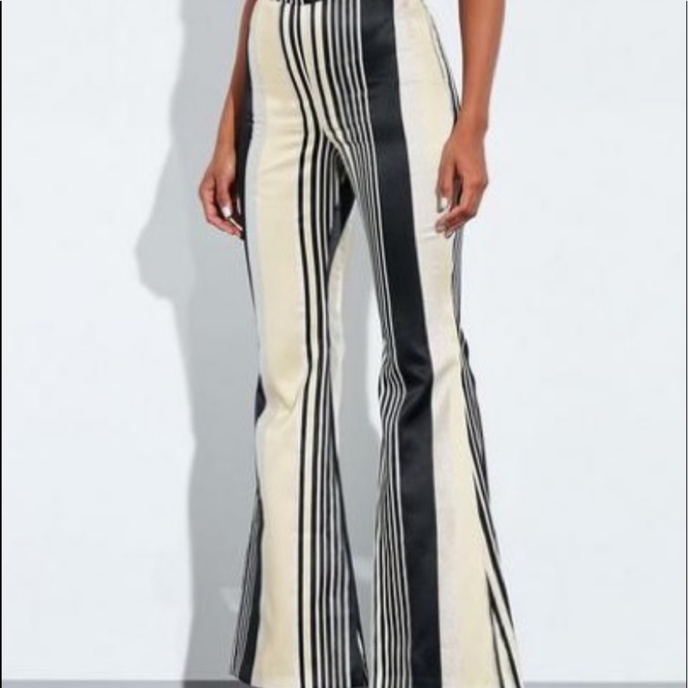 PEACE + LOVE SILVER METALLIC STRIPE FLARE PANTS